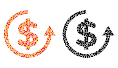 Pixel refund mosaic icons. Vector refund icons in multi-colored and black versions. Collages of casual spheric dots. Vector collages of refund icons constructed with variable round dots.