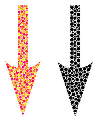 Pixel sharp arrow down mosaic icons. Vector sharp arrow down icons in bright and black versions. Collages of casual circle spots.