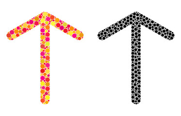 Pixel arrow up mosaic icons. Vector arrow up icons in multi-colored and black versions. Collages of variable round elements.