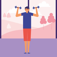 man practicing exercise with dumbbells