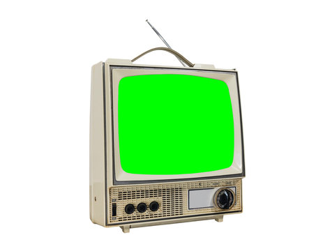 Dirty vintage portable television isolated on white with chroma green screen.