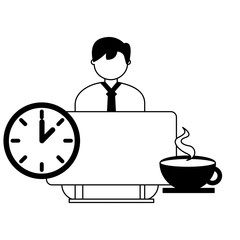 businessman working computer clock and coffee