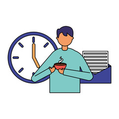 businessman holding coffee with clock and email
