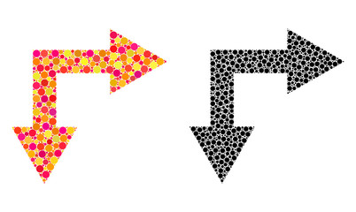 Dotted bifurcation arrow right down mosaic icons. Vector bifurcation arrow right down icons in colorful and black versions. Collages of casual round dots.