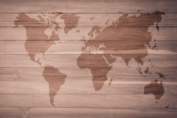 World map vintage pattern for background in color tone/ Wood plank brown texture background. Wood all antique cracking furniture painted weathered white vintage peeling wallpaper.