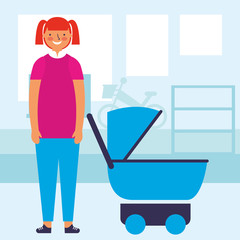 teenager with baby pram in the room