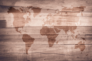 World map vintage pattern for background in color tone/ Wood plank brown texture background. Wood all antique cracking furniture painted weathered white vintage peeling wallpaper.