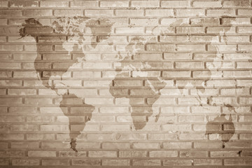 World map vintage pattern for Black and white brick wall texture background / Wall texture background flooring interior rock stone old pattern clean concrete grid uneven bricks design stack.