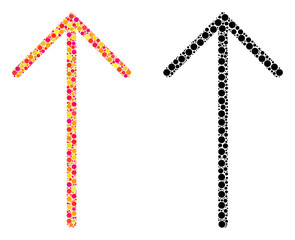 Pixel arrow up mosaic icons. Vector arrow up icons in colorful and black versions. Collages of different spheric dots. Vector concepts of arrow up icons done of different small spheres.