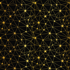 Black and gold stars network seamless pattern. Great for space and holiday inspired wallpaper, backgrounds, invitations, packaging design projects. Surface pattern design.