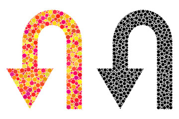 Dotted turn back mosaic icons. Vector turn back icons in multi-colored and black versions. Collages of different round dots. Vector compositions of turn back icons constructed of arbitrary dots.