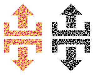 Pixel divide vertical direction mosaic icons. Vector divide vertical direction pictograms in multi-colored and black versions. Collages of random round elements.