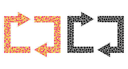 Dot exchange arrows mosaic icons. Vector exchange arrows icons in multi-colored and black versions. Collages of irregular round dots.