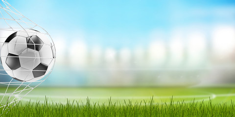 soccer ball and blades of grass with blurred soccer stadium 3d-illustration © wetzkaz