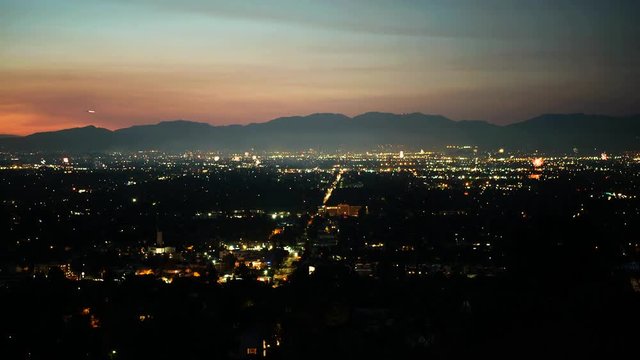 Aerial view after sunset of the amazing fireworks in The San Fernando Valley.