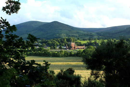 Sweetheart Abbey and criffel Hill, New Abbey, Dumfries, Scotland 