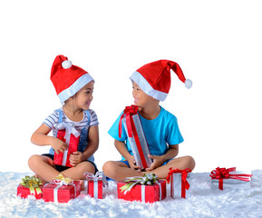 Obraz premium portrait of happy little asian boy and girl with Many gift boxes isolated on white background