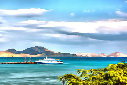 Digital painting. Drawing watercolor. Seascape, sea, ship.