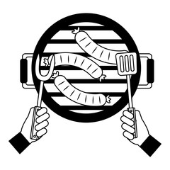 hands with spatula fork and sausages barbecue