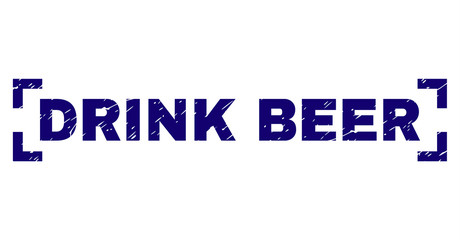 DRINK BEER title seal print with grunge style. Text caption is placed inside corners. Blue vector rubber print of DRINK BEER with grunge texture.