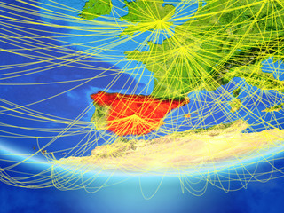 Spain on model of planet Earth with network representing travel and communication.