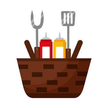 wicker basket sauces and utensils barbecue