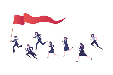 group of executives running with flag