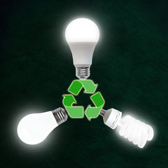 Illuminated LED, CFL and Incandescent Light Bulbs Plugged onto Recycle Symbol