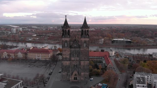 Cathedral Magdeburg with purple sky at autumn.