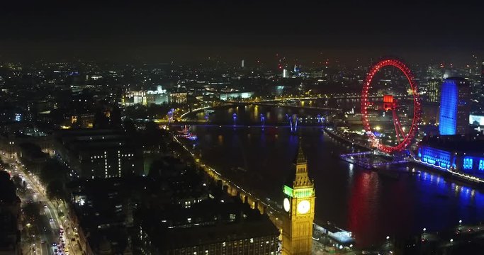 Aerial drone shot along the Big Ben and London Eye by night. This shot is made before the renovation started. Perfect for Brexit use.