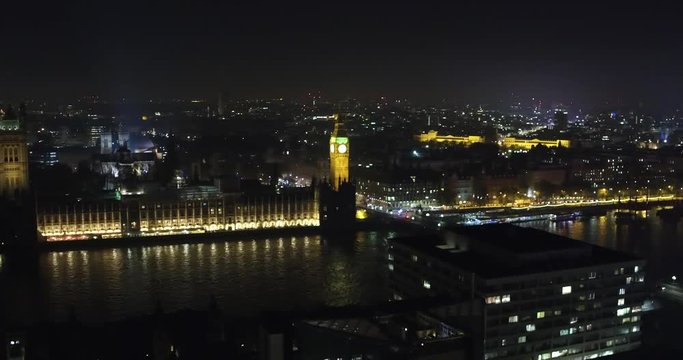 Aerial drone shot of the Big Ben London by night. This shot is made before the renovation started. Perfect for Brexit use.