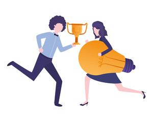 business couple with trophy and light bulb