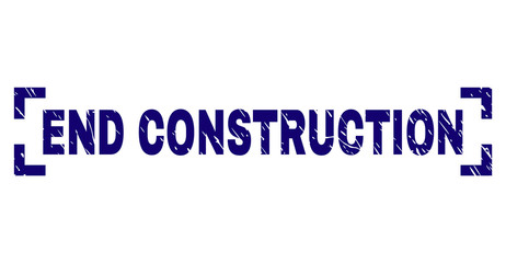 END CONSTRUCTION text seal imprint with corroded effect. Text caption is placed inside corners. Blue vector rubber print of END CONSTRUCTION with corroded texture.