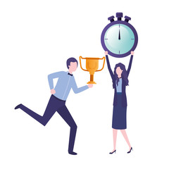 business couple with clock and trophy avatar character