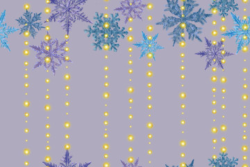 Snowflakes and Light Garland Horizontal Background for Christmas, New Year, and Winter Holiday Print, Design, decoration, and Stationery. 