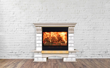 Stone burning fireplace in bright empty living room interior of house