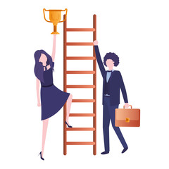 business couple with stair and trophy avatar character