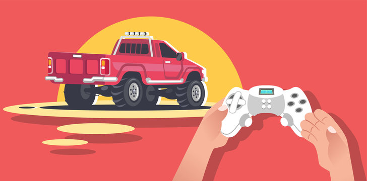 Hands Holding Video game console. The game of car racing, race SUVs, pickups, monster truck. The survival game cars with huge huge wheels