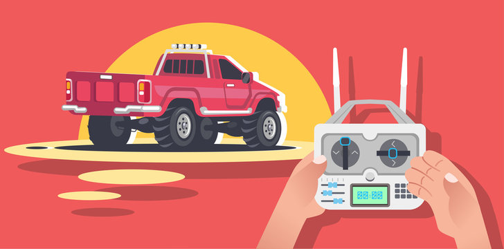 Radio controlled car, machine, RC, radio controlled toys design. Remote control in hand. Isolated vector illustration on red coral background
