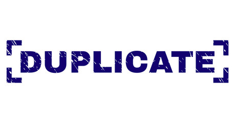 DUPLICATE caption seal print with grunge texture. Text title is placed inside corners. Blue vector rubber print of DUPLICATE with grunge texture.