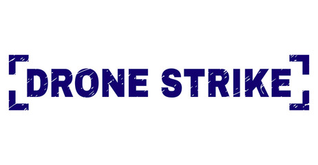 DRONE STRIKE text seal imprint with grunge texture. Text label is placed inside corners. Blue vector rubber print of DRONE STRIKE with grunge texture.
