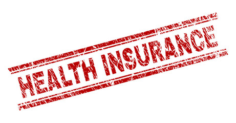 HEALTH INSURANCE seal print with distress texture. Red vector rubber print of HEALTH INSURANCE tag with dust texture. Text tag is placed between double parallel lines.