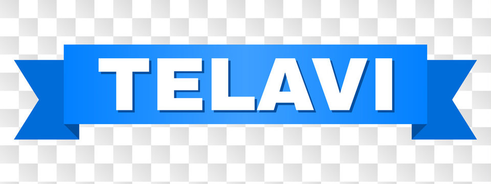 TELAVI text on a ribbon. Designed with white caption and blue stripe. Vector banner with TELAVI tag on a transparent background.
