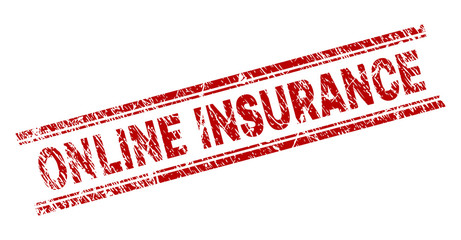 ONLINE INSURANCE seal print with grunge texture. Red vector rubber print of ONLINE INSURANCE text with unclean texture. Text title is placed between double parallel lines.