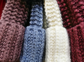 Background texture of soft wool, pattern. Close-up, selective focus, side view, copy space.