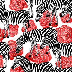 Zebra on red roses background, seamless pattern. Black and white strip, wild animal texture. design trendy fabric,  vector illustration.