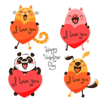 Set of cute animals with valentines. Funny cat, pig, panda and dog confess I love you. Isolated vector illustration for Valentines Day designs