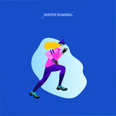 Fototapeta na wymiar Winter running concept in flat style. Young athletic woman doing jogging