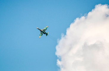 Military plane flies in the air.