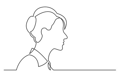 continuous line drawing of isolated on white background profile portrait of ordinary woman